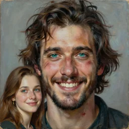 greg rutkowski, anna podedworna, painting of smiling spanish man, goatee, unkempt wavy hair, teal eyes, scars