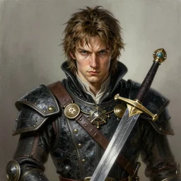 drawing painting portrait of a noble young man with a sword in style of game art lord of the rings banner saga ashes of gods toriyama gantz miura kentaro photorealistic cyberpunk steampunk frank miller alex ross trending