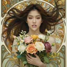 closeup portrait of a beautiful mysterious thai lady, holding a bouquet of flowers, hands disappeared under the bouquet, flowing hair, bubbles from the mouth, underwater, fantasy, regal, intricate, art nouveau, swirly intricate linework background, by stanley artgerm lau, greg rutkowski, thomas kinkade, alphonse mucha, loish, norman rockwell