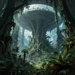 epic alien jungle by zdzisław beksinski, greg rutkowski inside a giant futuristic space by zaha hadid, inspired by the movie matrix