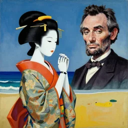 Japanese robot geisha in the style of Gala Contemplating the Mediterranean Sea which at Twenty Meters Becomes the Portrait of Abraham Lincoln-Homage to Rothko by salvador dali