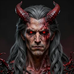 centered detailed portrait of joe biden and demon, red eyes, grey long hair, demon horns, bloody, details, intricate, octane render, smooth, illustration, dark background, hyperrealistic, by dmitry prozorov, loish, and wlop