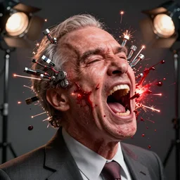 uhd hyperrealistic photorealisitc hyperdetailed detailed saul goodman head exploding, puking blood, screaming, with sparking circuits, studio lighting, by ayami kojima amano karol bak, greg hildebrandt and mark brooks