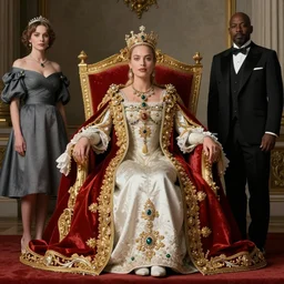 regal margot robbie sitting on queens throne royalty wearing royal mantle gold jewelry by alex ross by moebius and atey ghailan by james gurney by vermeer by George Stubbs