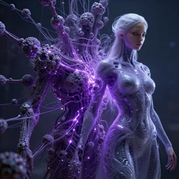 by olivia de berardinis and susan heidi, visually stunning, cinematic, ultra realistic, hyper realism, 1 2 k, epic, octane render, unreal engine, vfx, maya, shifting nanite clusters sewn together with a pugneum filament : a sinister purple light leaks from deep within its wiring, ephemeral warrior : goddess of ai art
