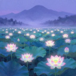 a landscape pastel in the style of noriyoshi ohrai of a field of lotus flowers, glowing with iridescent mana. some misty mountains in the background. key art. 4 k retrofuturistic fantasy