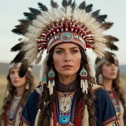 beautiful native american woman wearing headdress, cinematic, ultra detail, art by artgerm + amanda jurgens + randy bishop