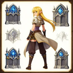 a charadesign sheet, turn around of an anime hunter elve, hearthstone, concept art