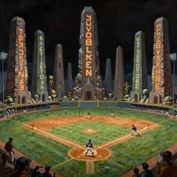 an alien baseball game surrounded by ancient monoliths with glowing runes. highly detailed science fiction painting by norman rockwell, frank frazetta, and syd mead. rich colors, high contrast, gloomy atmosphere, dark background. trending on artstation