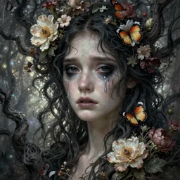 a beautiful terrifying but sad female portrait black eyes twisted trees, crying tears, butterfly, blooming made of flowers. ethereal horror fantasy art by greg rutkowski and raymond swanland and monet