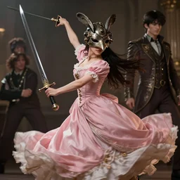 a photorealistic fantasy render of a beautiful sword dancer wearing a beautiful intricately detailed steam punk crow mask and clasical pink victorian dress, by wlop, artgerm, kentaro miura, arthur adams, beautiful dynamic epic lighting, shadows, cinematic atmosphere, artstation, concept design art, octane render, 8 k