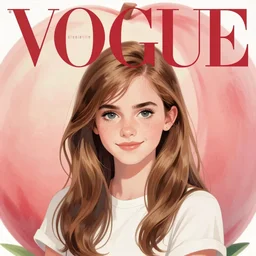 vogue magazine, elle magazine, giant half peach background, anime emma watson ilya kuvshinov, greg rutkowski, john singer sargent, anime, trending on artstation, intricate, crop top