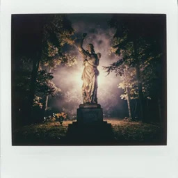 a towering statue in a forest clearing reaching into the fog, night, old polaroid, expired film, megalophobia,