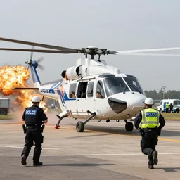 helicopters and explosions in the background, police chasing Boris Johnson running from the police helicopters and explosions in the background, police chasing Boris Johnson running from the police