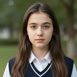 portrait of Demi Rose wearing high school uniform, by Charlotte Grimm, natural light, detailed face, CANON Eos C300, ƒ1.8, 35mm, 8K, medium-format print