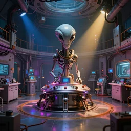 interior photo of alien laboratory with strange device at the center of a room, colorful photo