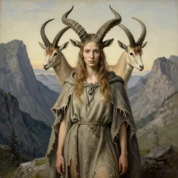 A detailed horned antelopewoman stands among the mountains. Wearing a ripped mantle, robe. Perfect faces, extremely high details, realistic, fantasy art, solo, masterpiece, art by Zdzisław Beksiński, Arthur Rackham, Dariusz Zawadzki