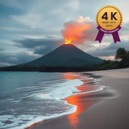 dreamy beach, volcano erupting in the background, 4 k award winning photo
