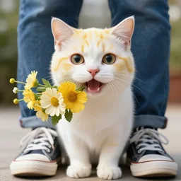 pov shot photography of white cat in yellow fur patterns, exogenous flowers bouquet in her mouth, under my feet wearing jeans and sneakers, large happy eyes, octane render, photorealistic, 8 k