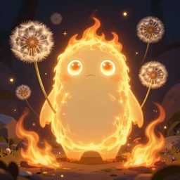 a glowing humanoid figure dandelion monster with large glowing eyes, surrounded by fire, highly detailed, digital art, sharp focus, trending on art station, artichoke, anime art style