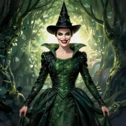 Wicked witch of the west margot robbie, style of Joshua Middleton comic book art Nick Dragotta comic art, black and green eyes, symmetrical face, symmetrical eyes, scary smile, full body, dark green dress