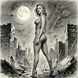 elegant, intricate detail, looking towards camera, scarlett johansson, full body profile, dynamic wide angle lens, by rey bustos pencil and ink, full moon lighting, fully clothed, in a post apocalyptic city, dramatic lighting, super accurate and correct human anatomy!!!