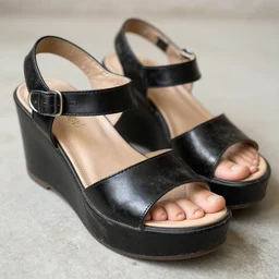 a photo of a close up of very used well worn shiny black platform wedge sandals, chunky, top view, inprints of the toes are clearly visable, 8k