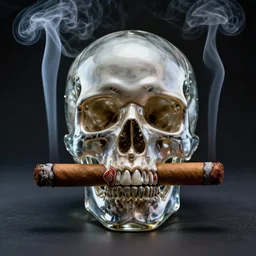 a portrait of a glass skull smoking a perfectly symmetrical cuban cigar, cinematic photography, smoke rising like clouds, beautifully symmetrical, super resolution, cgi, volumetric lighting & shadows, hyper detailed, 8 k, unreal engine,