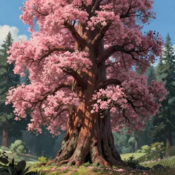 huge redwood tree covered with pink flowers by miyazaki nausicaa ghibli, breath of the wild style, epic composition