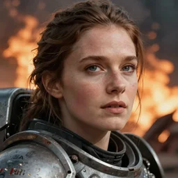 VFX movie of a futuristic spacemarine closeup portrait in burning war zone, beautiful natural skin natural lighting by Emmanuel Lubezki