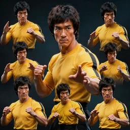 sprite sheet poses bruce lee pixart style, ultra detailed, hyper realistic sci fi realistic, octane render, hyper realistic, ambient lighting, blade runner film style, canon eos ef 5 0 mm