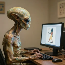 an alien working on a computer in the style of ancient sumerian art, hyper - realistic, extremely detailed