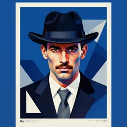 a portrait of a mobster, bauhaus, poster art, angular, geometric, symmetrical. blue color theme. solid background.