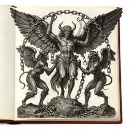 book of enoch, angels capture demons with huge chains and send them to hell, by greg rutkowski and tezuka and oi and mucha and bierstadt and remington, trending on artstation