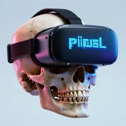 a skull with a vr headset in a cyberpunk aesthetic, 4 k, with the word pixel written on the headset