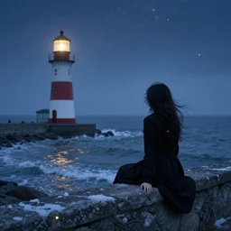 gothic. woman sitting on wall looking at the ocean. lighthouse. stars. fireflies. winter