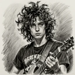 beautiful charcoal pencil drawing of a punk rock young man with pretty eyes and very long curly dark hair in a band tee shirt playing guitar, highly textured, high contrast