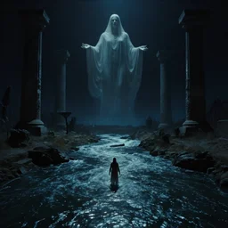 dark eerie movie frame, greek fantasy panorama, a magnificent ghost above the magic shining river styx, at night, otherworldly, stanley kubrick, 1 7 mm, wide shot, surreal, deep