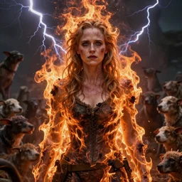 horkey, bussiere, mullins, barlowe, pennington sibylla merian rocha harris rocha zorn dahl artgerm bilibin wlop, vfx portrait of a hardened weathered elderly emma watson, war veteran, murderer of thousands of creatures, intense flame character made out of smoke and lightning
