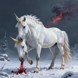 a iridescent unicorn licking its wounded leg the snow, trail of blood follows behind it, glowing toxic smog in the sky, ultra realistic, concept art, intricate details, highly detailed, photorealistic, octane render, 8 k, style of mary jackson