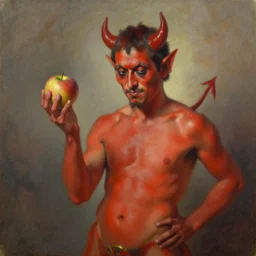 a devil posing while holding an apple, oil on canvas