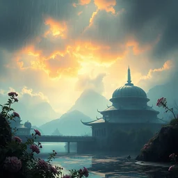 ta ha, volumetric lighting, highly detailed, by greg rutkowski, complementing colors, god looking at me, heavy rainy, lofty heavens, water reflection, flowers, hyper realistic, concept art, 8 k detail post - processing, cyberpunkstyle