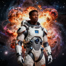 fit black man in an advanced spacesuit in front of exploding nebulae, digital illustration trending on artstation by artgerm and rutkowski