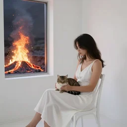 a woman in a white dress sitting on chair with a cat on her lap in a white room in vanice, there is a window to burning lava