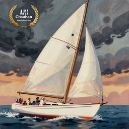illustration, sailboat, dynamic composition, detailed, matte print, dynamic perspective, colorful modern, by arti chauhan