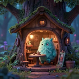 little fluffy monster in a cozy treehouse cafe. upcoming 3 d animation by an indie studio, rimlighting, depth of field, limited but vibrant palette, intricate details, gothic horror, chiaroscuro, bokeh.