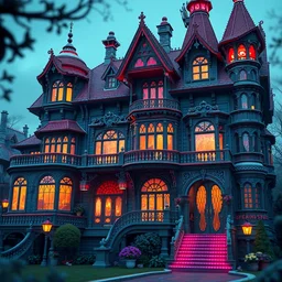 fantasy futuristic victorian atompunk mansion, surreal, detailed, sharp details, architectural accents, colourful paint, ( ( ( reflexions on windows ) ) ), volumetric lights, depth of field, octane render, photorealism, 3 d art by disney pixar, studio ghibli, moebius