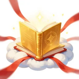 golden magic book surrounded by red strip cloud, game asset