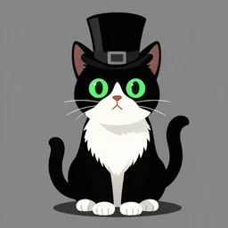 a black and white cat wearing a top hat | vector art by hanns katz, character portrait by puru, furry art, deviantart contest winner | purism, concept art, flat shading, vanitas, ( ( bright green eyes shining in the dark ) ), full body shot, ( ( unreal engine 5 ) )