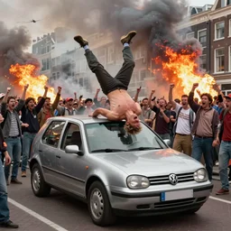2 4 mm color photograph of shirtless geert wilders trying to flip over volkswagen golf in amsterdam while angry mob is shouting, fire, smoke, atmospheric lighting, by joel meyerowitz, by saul leiter